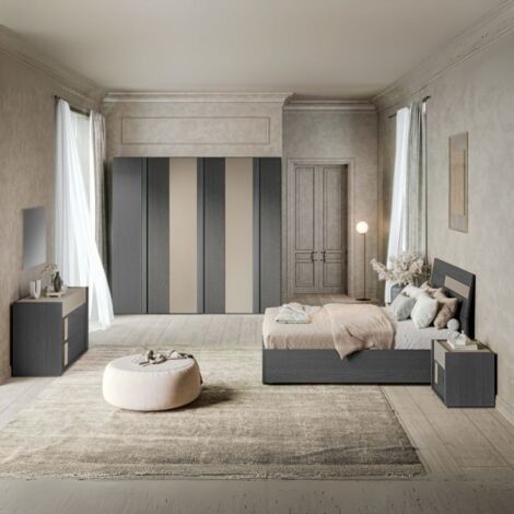 Camera da letto Faba con armadio 6 ante battenti in grigio e talco e letto contenitore in legno colore grigio e dettaglio talco