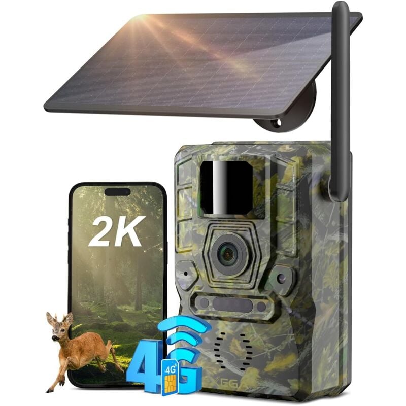Caméra de chasse 4G solaire Xega 2K avec carte SIM, détection PIR, batterie autonome, GPS intégré, alertes instantanées, accès à distance
