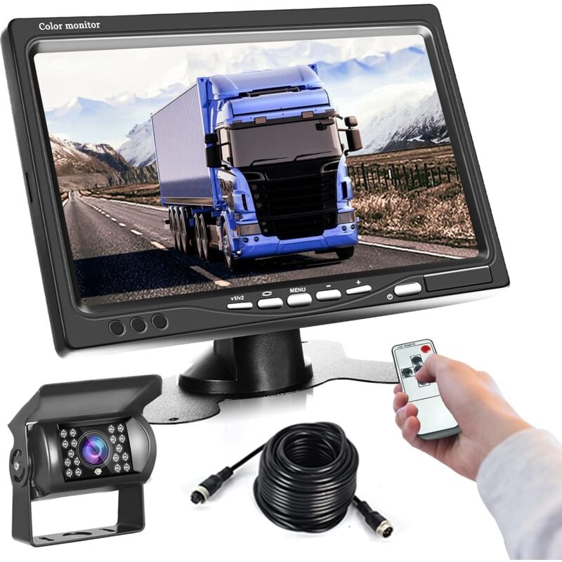 Ikodm - Camera de Recul pour Voiture - Moniteur lcd 7 Pouces, Caméra de Recul ir Vision de Nuit étanche IP68 avec Câble Aviation 4 Broches, pour