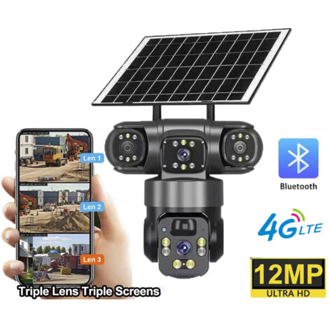 Caméra de sécurité 4G, caméra de sécurité à énergie solaire, batterie 8000 mAh, couleur nocturne, triple caméra PIR à 360 degrés pour la maison ou le bureau