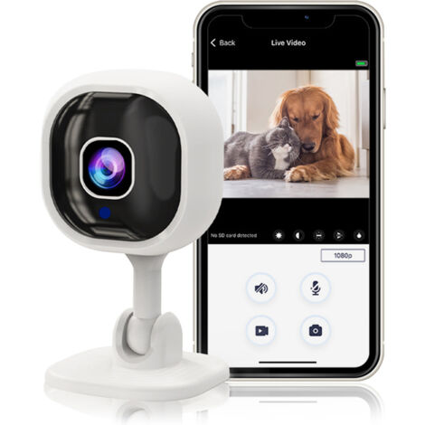 Caméra de sécurité intérieure 1080p pour babyphone et surveillance de chien avec détection de mouvement, sirène audio bidirectionnelle et vision nocturne.