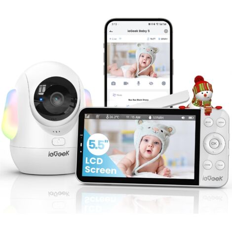 Caméra de sécurité intérieure iegeek 2.5K avec caméra d'application, détection de bruit de pleurs / mouvement, vision nocturne intelligente, suivi automatique, audio bidirectionnel de 5,5 pouces, batt