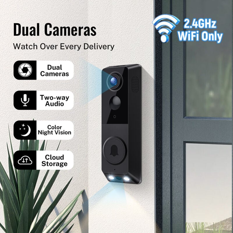 Ikodm - Caméra de sonnette vidéo à double objectif, sonnette sans fil extérieure étanche, convertisseur vocal, audio bidirectionnel, wifi 2,4G, noir,