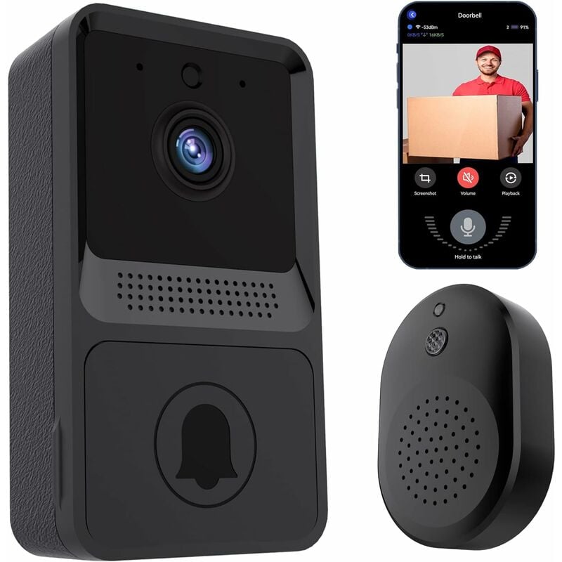 Sunxury - Caméra de sonnette vidéo WiFi : caméra de sonnette sans fil hd avec carillon, audio bidirectionnel, vision nocturne, télécommande via
