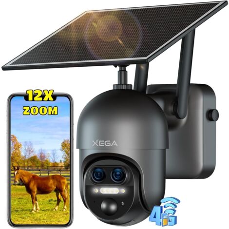 Caméra de surveillance 4G solaire – Zoom hybride 12X – Double objectif 2K PTZ – Détection humaine AI/PIR – Vision nocturne couleur 30 m – Batterie 10400 mAh