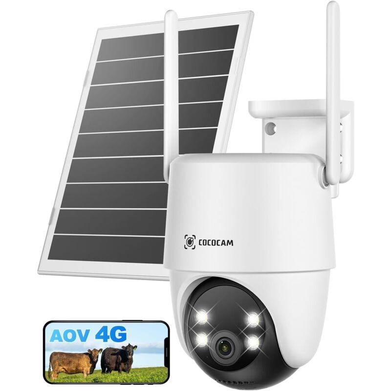 Caméra de surveillance Cococam 4G lte Batterie 15000mAh, Panneau solaire 8W, 2K ptz, Détection et suivi ia, vision nocturne 30m, eSIM incluse