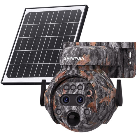 Caméra de Surveillance Extérieure Camouflage Solaire 4G 12X Zoom Numérique, Rotation 355° Horizontal 90° Vertical, IP66 Étanche ABS, Vision Nocturne Infrarouge 20m AI Couleur, Alerte & Compensation de