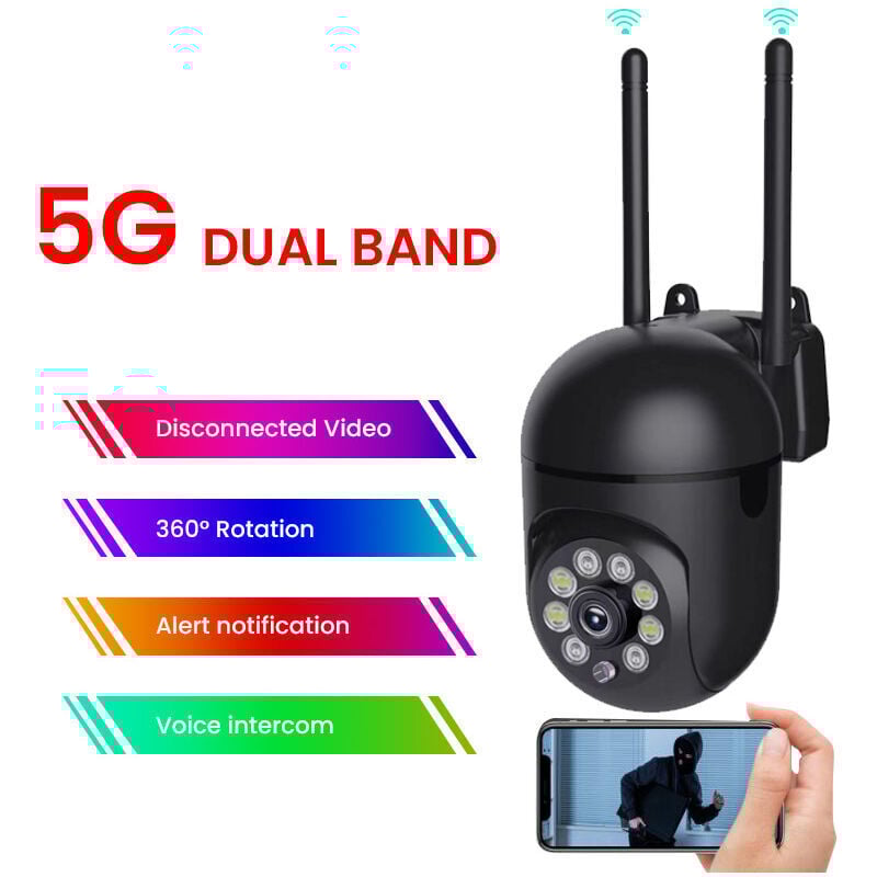 Camera de Surveillance Exterieure IP WiFi 2.4 + 5G HD 1080P Zoom x4 Suivi Humain Vision Nocturne Couleur,