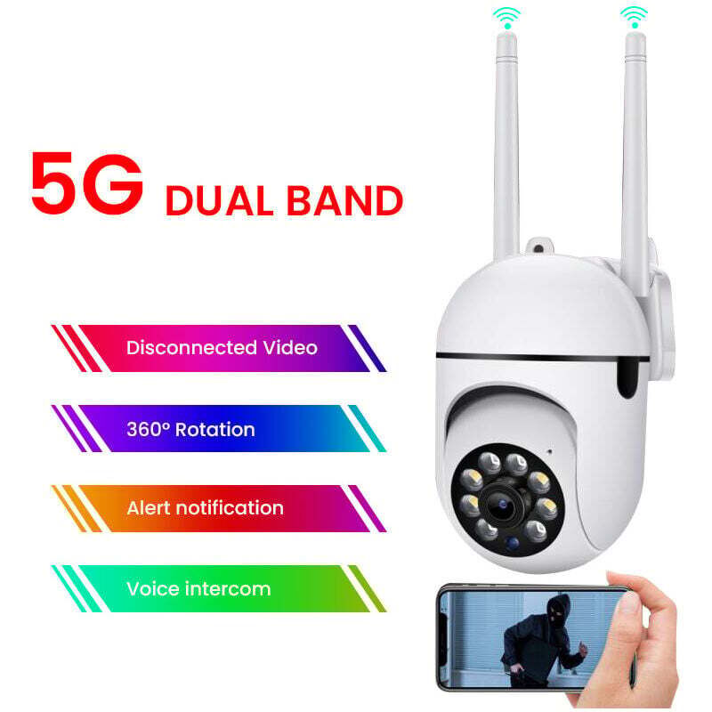 Camera de Surveillance Exterieure IP WiFi 2.4 + 5G HD 1080P Zoom x4 Suivi Humain Vision Nocturne Couleur avec Carte TF 64G