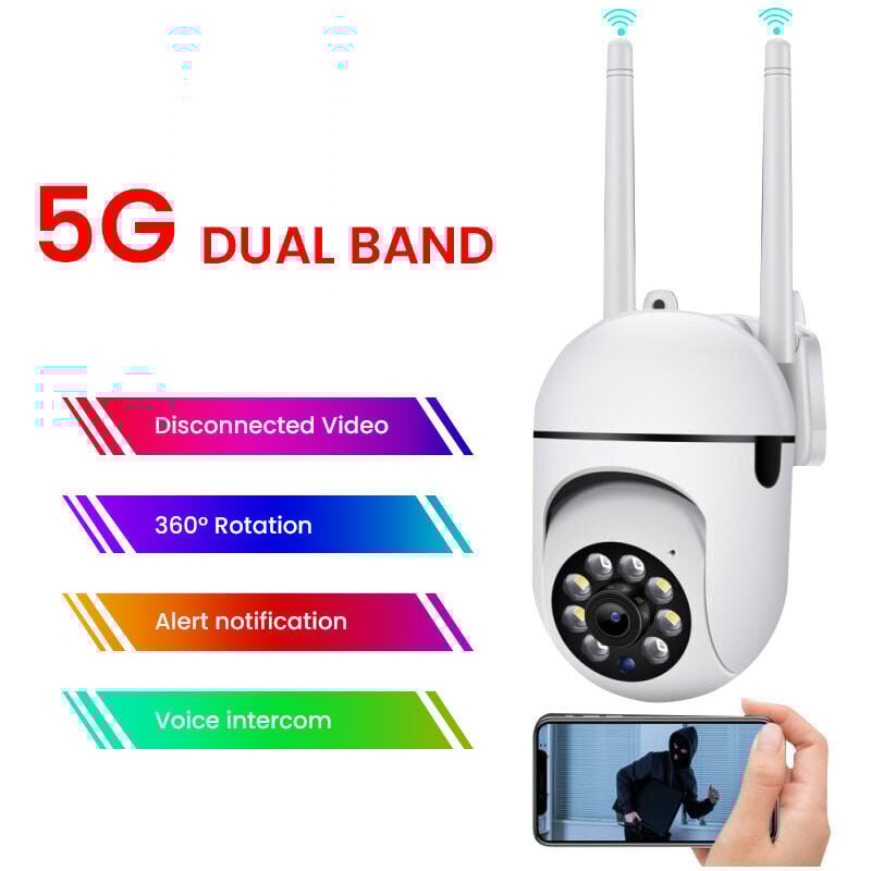 Camera de Surveillance Exterieure IP WiFi 2.4 + 5G HD 1080P Zoom x4 Suivi Humain Vision Nocturne Couleur avec Carte TF 64G