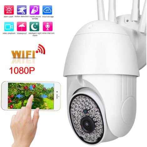 Caméra de surveillance extérieure PTZ WiFi Full HD 1080P, vision nocturne couleur, détection de mouvement, alimentation secteur 100‑240V avec adaptateur UE