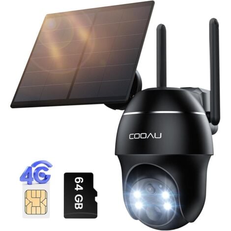Caméra de surveillance extérieure sans fil 4G LTE COOAU - Caméra solaire 2K 3MP avec carte SIM (sans WiFi) PTZ 360° Détection de mouvement Vision nocturne en couleur Stockage local de 64 Go et sto