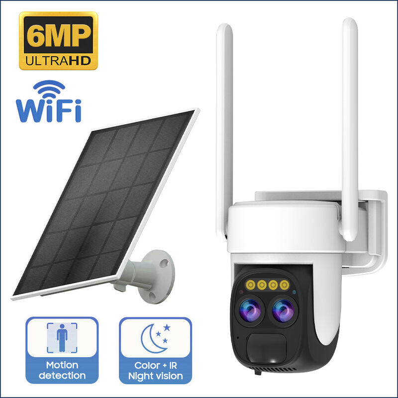 Camera de surveillance exterieure solaire sans fil WiFi PTZ 6MP avec double objectif panneau solaire 5W 9000mah Zoom optique 10X Vision nocturne