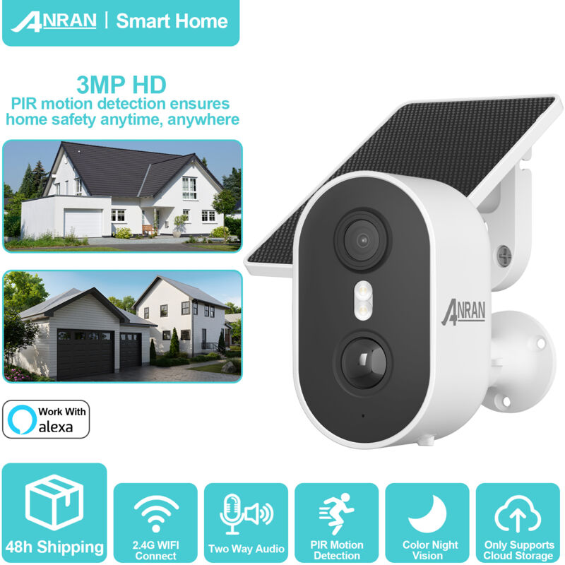 Anran - Caméra de surveillance interieur / exterieur sans Fil Solaire Batteries Détection de Mouvement pir Vision Nocturne Couleur Audio