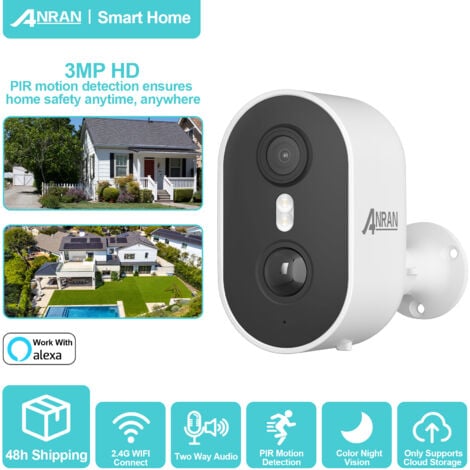 Caméra de surveillance interieur / exterieur sans Fil Solaire Batteries Détection Mouvement  Audio Bidirectionnel Sirène Compatible Alexa, Stockage cloud requis,Abonnement Nécessaire-ANRAN C2