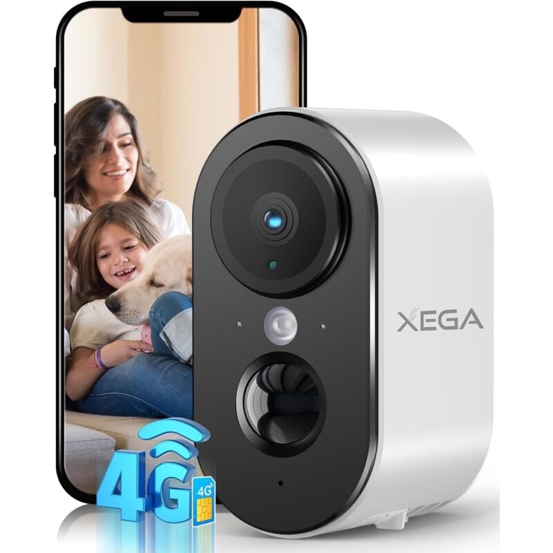Caméra de surveillance intérieure 4G lte Xega 2K hd, détection pir, vision nocturne couleur, audio bidirectionnel, batterie 6000mAh, carte sim, IP65,