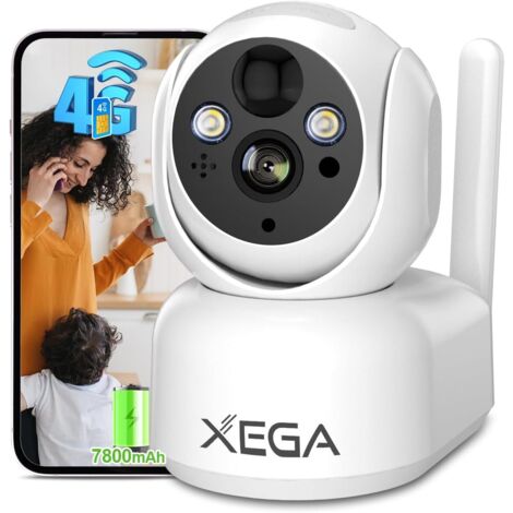 Caméra de surveillance intérieure 4G Xega 2K avec carte SIM, batterie rechargeable, rotation 355°, détection AI PIR, vision nocturne