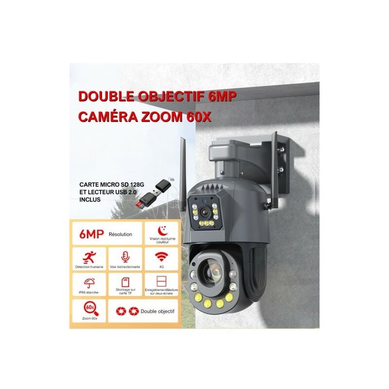 M-e - Caméra de Surveillance Sécurité Extérieure ptz Double Objectif ip hd 6MP 4G Sans Fil Zoom 60X App + Carte Micro sd 128G + Lecteur