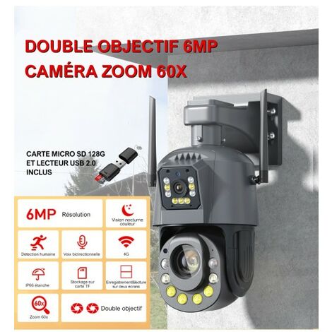 Caméra de Surveillance Sécurité Extérieure PTZ Double Objectif IP HD 6MP 4G Sans Fil Zoom 60X App + Carte Micro SD 128G + Lecteur