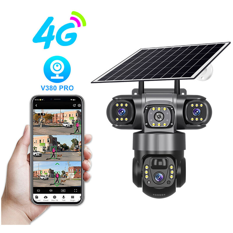Caméra de surveillance solaire à trois yeux et trois écrans V380, vision nocturne couleur à 360 degrés