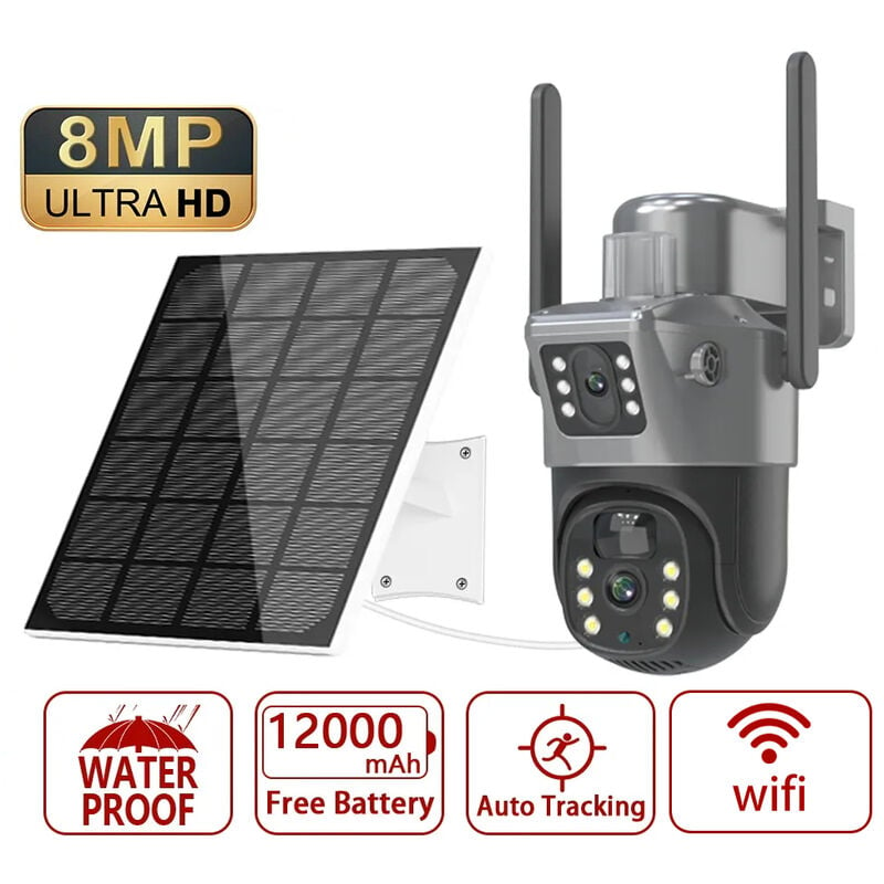 Camera de surveillance solaire exterieure sans fil PTZ IP WIFI double objectif 4K 8MP suivi humain PIR vision nocturne Dispositif de securite sans fil