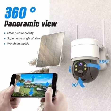 Caméra de Surveillance Solaire WiFi Blanc, 3MP HD Sans Fil, PTZ 355° 90° Panoramique, Détection PIR Humaine, Étanche IP65, Basse Consommation pour Surveillance à Distance Maison