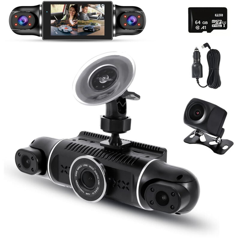 Lifcausal - Caméra de tableau de bord 4 canaux, caméra de tableau de bord avant + arrière + gauche + droite pour voitures, caméra rotative à 360 °,