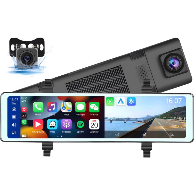 Lifcausal - Caméra de tableau de bord avec Apple Carplay sans fil et Android Auto, rétroviseur à commande vocale 11,26 pouces, double caméra avant et