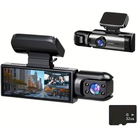 Caméra de tableau de bord double frontale et intégrée : caméra de tableau de bord 1080P de 3,16 pouces avec vision nocturne infrarouge et écran IPS, enregistrement en boucle (carte de 32 Go).