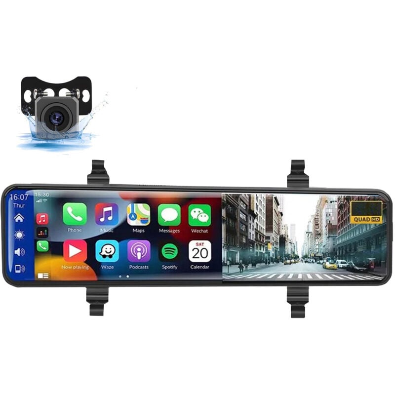 Lifcausal - Caméra de tableau de bord miroir 4K avec Apple Carplay sans fil et Android Auto, caméras de vue arrière à commande vocale de 11,26