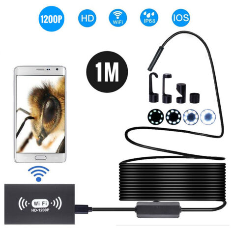 Caméra d'inspection Caméra endoscope sans fil 8 mm IP68 Inspection WiFi étanche 2.0MP HD 8 LED Endoscope à câble semi-rigide pour iPhones iPads Appareils Android et PC, 1M-Noir - 1M-Noir