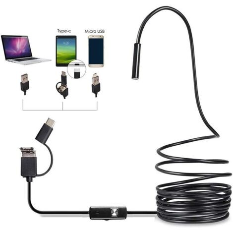 Caméra d'inspection endoscopique 3 en 1, caméra HD étanche, serpent de drainage avec 6 lumières LED réglables, adaptateur USB pour téléphone Android