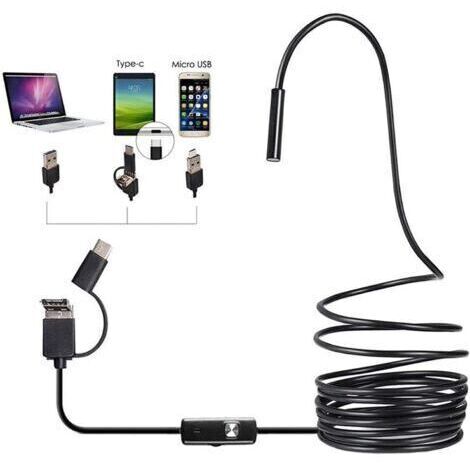 Caméra d'inspection USB Type-C 3 en 1 pour caméras HD industrielles Endoscope, tube étanche pour tuyau d'évacuation, luminosité réglable Endoscope industriel Caméra HD noire (taille : 5 m)