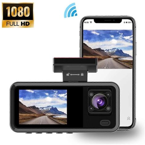 Caméra embarquée 3 canaux pour voiture, avec Wi-Fi et enregistreur vidéo 1080p, noire.