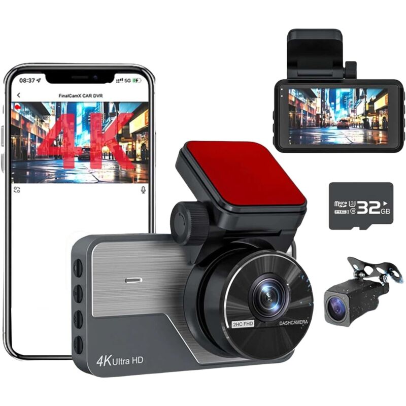 Caméra embarquée 4K + 2K Full HD, Avant et arrière, Grand Angle, Vision Nocturne, Mode stationnement 24h/24, Wi-FI intégré, écran 3 Pouces, 32 Go