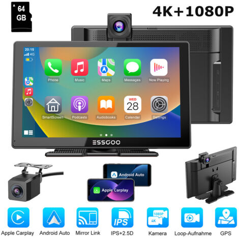 Caméra embarquée 4K sans fil 9 pouces avec Bluetooth et Apple CarPlay et Android Auto 9 pouces 64GTF