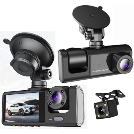 Caméra embarquée avant/intérieure et arrière, 3 grands angles, carte TF 32 Go, caméra embarquée HD 1080p, avec vision nocturne, surveillance du stationnement 24h/24, enregistrement en boucle, WDR, cap