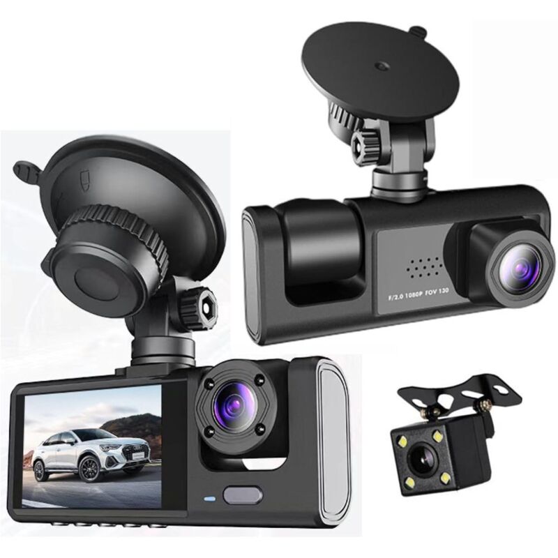 Caméra embarquée avant/intérieure et arrière, 3 grands angles, carte TF 32 Go, caméra embarquée HD 1080p, avec vision nocturne, surveillance du