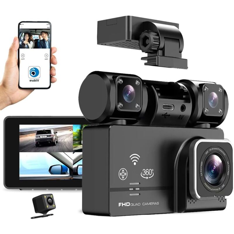 Caméra embarquée WiFi 4 canaux pour voiture, protection panoramique à 360 degrés WDR, caméras avant et arrière HD1080P, objectif rotatif, vision