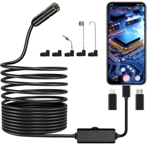 Caméra Endoscopique, 1920P HD Camera d'Inspection Canalisation, IP67 Endoscope Camera avec 8 lumières LED Câble Semi-Rigide de 5m pour iPhone iOS iPad Android Smartphone