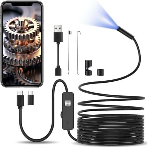 Caméra endoscopique avec lumière, caméra d'inspection pour câble semi-rigide de 10 m, endoscope de type C 8,0 mm et 6 LED, caméra endoscope USB pour téléphone Android, tablettes..DEBUNS