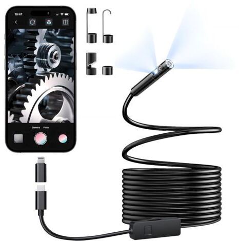 Caméra endoscopique double objectif avec éclairage, endoscope HD 1920p avec 8 + 1 LED réglables, étanche IP67, câble serpent semi-rigide de 5 m, pour iPhone, iPad et Android (type C)