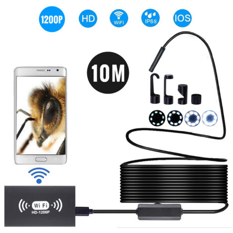 Caméra endoscopique sans fil 8 mm IP68 étanche WiFi Inspection 2,0 MP HD 8 LED Câble semi-rigide Endoscope pour iPhones iPads Appareils Android et PC Noir 10 M