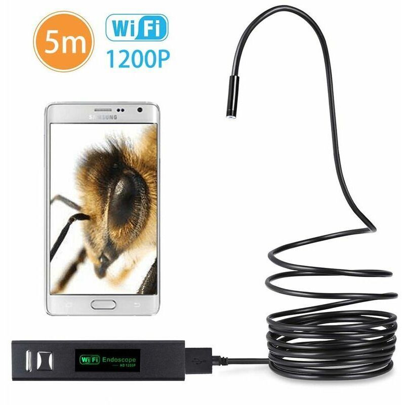 Caméra Snake sans fil 1200P Caméra d'inspection WiFi Endoscope HD avec endoscope à câble rigide à 8 LED (5 mètres, 16,4 pieds)