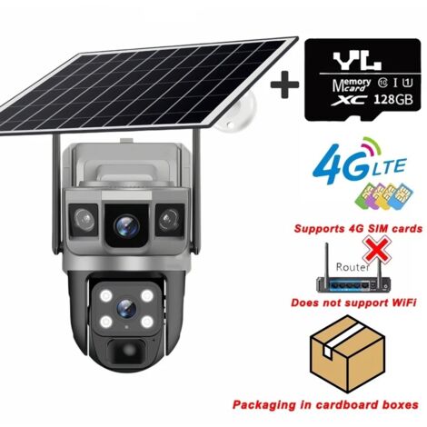 Caméra solaire 4G murale, caméra surveillance extérieure étanche et orientable, caméra système d'alarme incluant une carte stockage de 128 Go