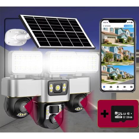 Caméra solaire 4G, triple objectif, caméra de sécurité domestique, mode infrarouge, audio bidirectionnel, idéale pour le jardin (128 Go)