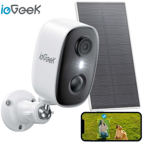 Caméras de sécurité extérieure solaire sans fil ieGeek, vision nocturne en couleur 2K, surveillance avec détection AI, compatible avec Alexa (ne prend en charge que le WIFI 2,4G)