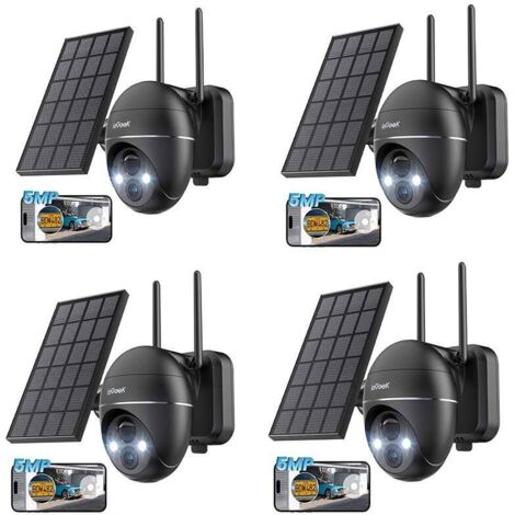 Caméras de surveillance solaires sans fil WiFi ieGeek (4 unités) 5MP, vision nocturne en couleur à 15m, détection humaine PIR & sirène d'alarme, caméra réseau à batterie, audio bidirectionnel, stockag