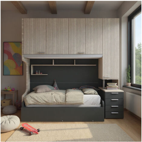 Letto A Castello ANTHONY Vente-unique Con Contenitori E Materassi - 2x90x190 Cm, Bianco E Rovere, Armadio E Letto Estraibile - 2