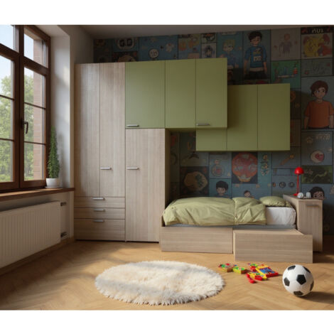 Cameretta a ponte con letto singolo, armadio e cassettiera - Spazio e design - Rovere rock